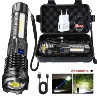 Linternas potentes tipo C, linterna con Zoom recargable, linterna LED de alta potencia, batería integrada para lámpara de emergencia para Camping