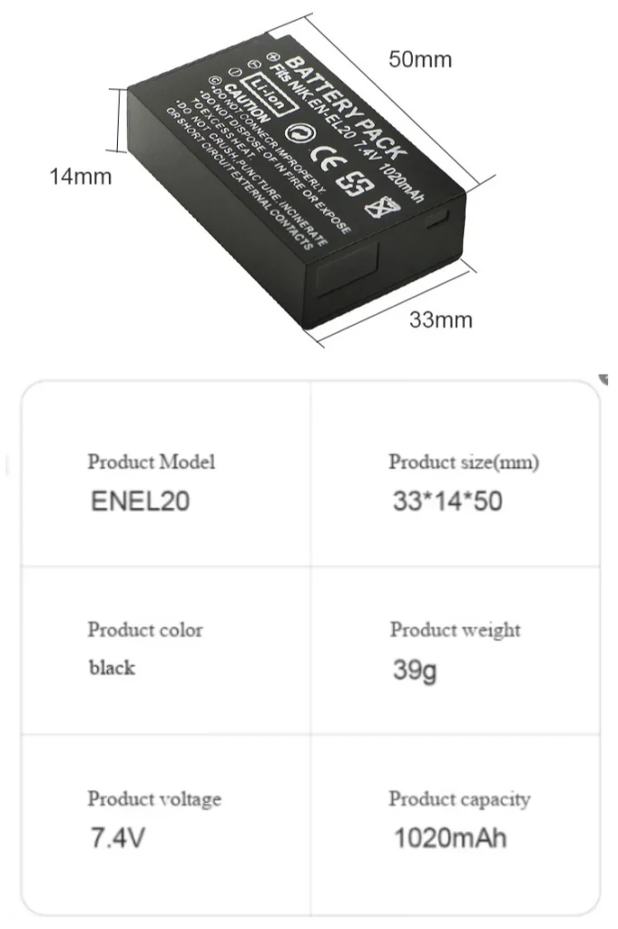 Batería de repuesto EN-EL20 de 1020mAh para cámara Digital Nikon 1 J1 J2 J3 J4 J5 S1 S2 S3 AW1 V1 V2 V3, completamente decodificada