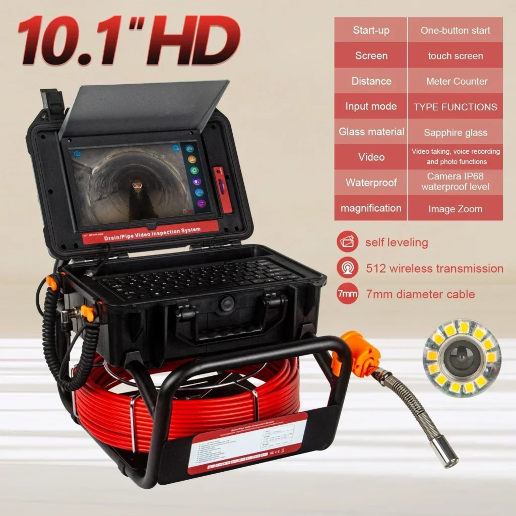 Cámara de inspección de tuberías pantalla de 10,1 pulgadas 1080P, endoscopio de alcantarillado SYANSPAN autonivelante 512HZ sonda/transmisor contador 30/50M