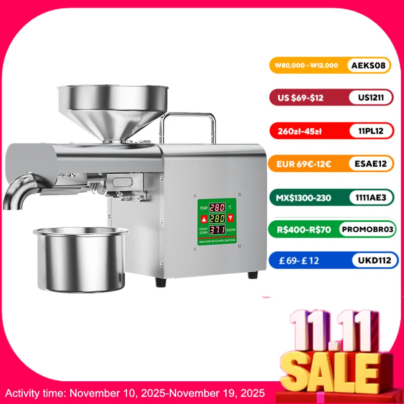 Máquina de prensado de aceite eléctrico, prensa fría/caliente para uso doméstico, Extractor de aceite automático para semillas de maní/sésamo/girasol, inoxidable