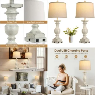 Lámpara de mesa beige vintage, juego de 2 con puertos USB y C, 28 lámparas de noche, luces de mesita de noche tradicionales para dormitorio, lámparas de escritorio, R