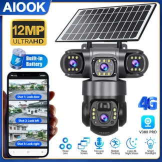 AIOOK cámara de seguridad Solar impermeable al aire libre HD 12MP tres lentes 4G cámara IP a todo Color visión nocturna intercomunicador bidireccional SIM CCTV
