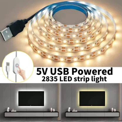 Tira de luces LED de 5V 2835, cinta adhesiva cortable Flexible blanca cálida para retroiluminación de TV, estante de gabinete DIY, iluminación de decoración del hogar