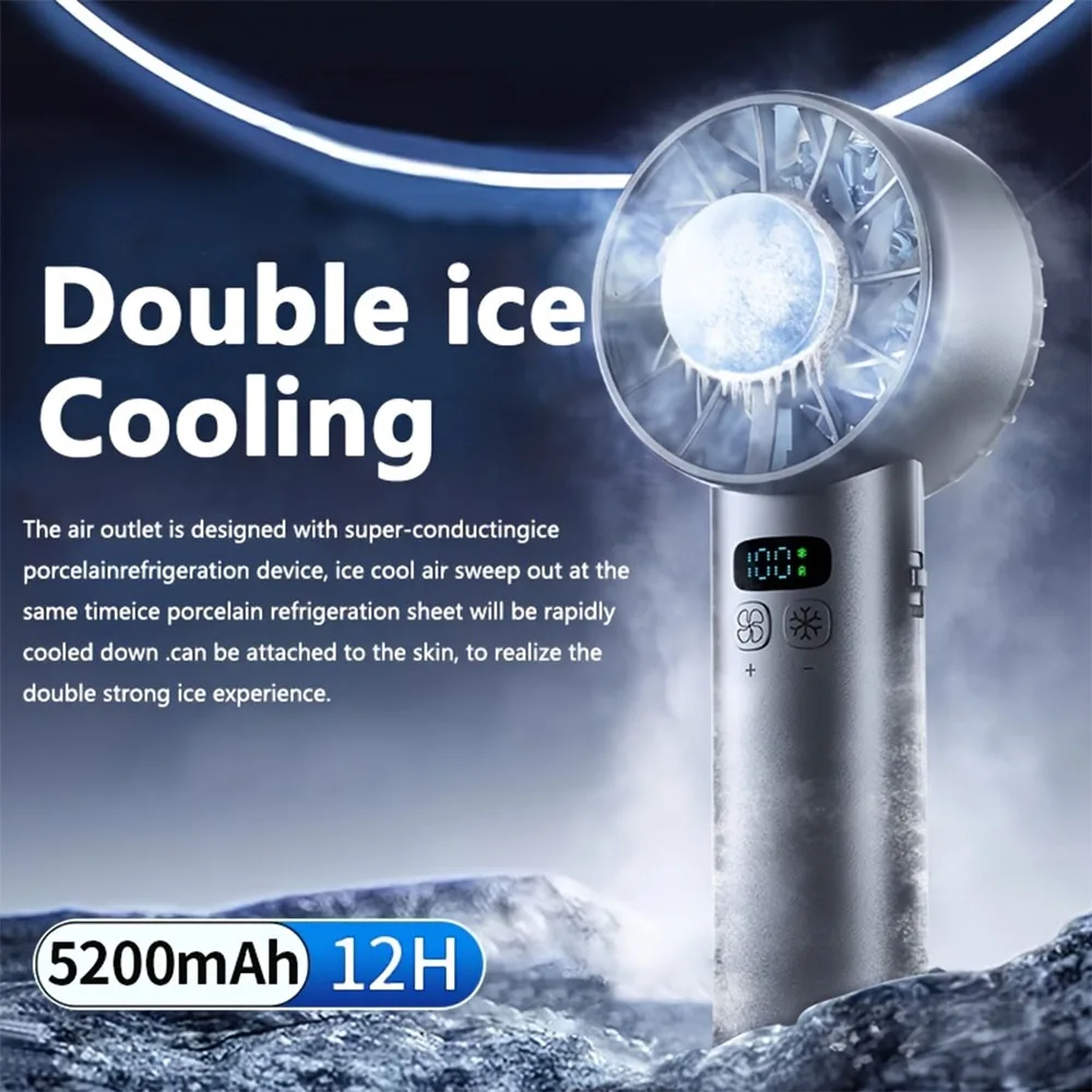 Ventilador eléctrico de mano con compresa de hielo de 5200mah, refrigeración de alta velocidad, recargable por USB, Mini pantalla Digital LED, ventiladores de escritorio para viajes al aire libre