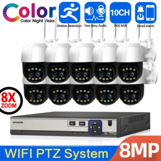 Cámara IP PTZ con Zoom 8X, 4K, Wifi, sistema NVR POE de 10 canales y 8MP, seguimiento Auo, Audio bidireccional, Kit de cámara de vigilancia de seguridad CCTV, 8 canales