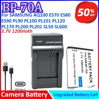 BP-70A 3,7 V 1200mAh batería de cámara + cargador para SAMSUNG AQ100 ES70 ES80 ES90 PL90 PL100 PL101 PL120 PL170 PL200 PL201 SL50 SL600
