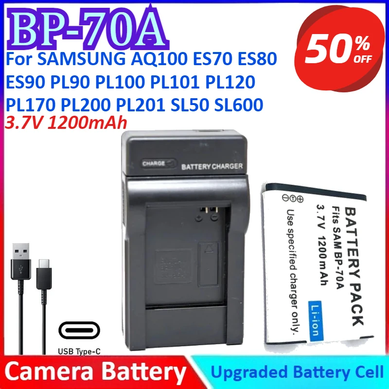 BP-70A 3,7 V 1200mAh batería de cámara + cargador para SAMSUNG AQ100 ES70 ES80 ES90 PL90 PL100 PL101 PL120 PL170 PL200 PL201 SL50 SL600