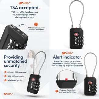 Cerradura de combinación negra BV aprobada por TSA para equipaje de viaje Cerradura digital reiniciable con 1000 combinaciones possibles Seguro y Re