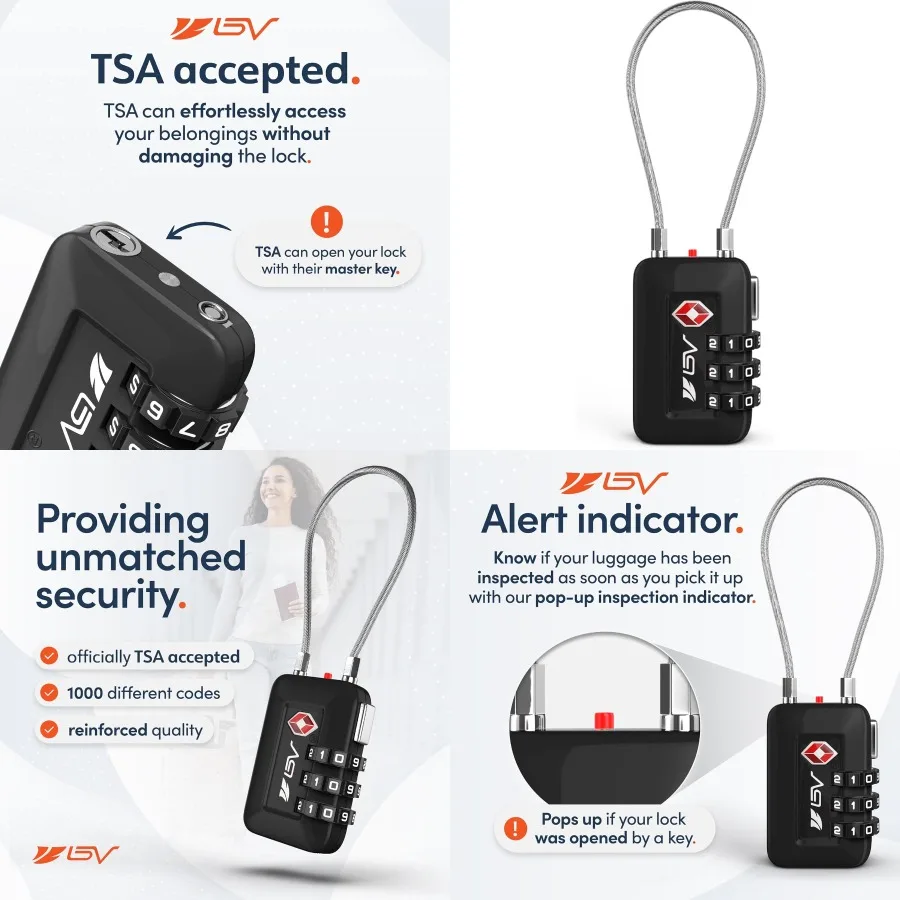 Cerradura de combinación negra BV aprobada por TSA para equipaje de viaje Cerradura digital reiniciable con 1000 combinaciones possibles Seguro y Re