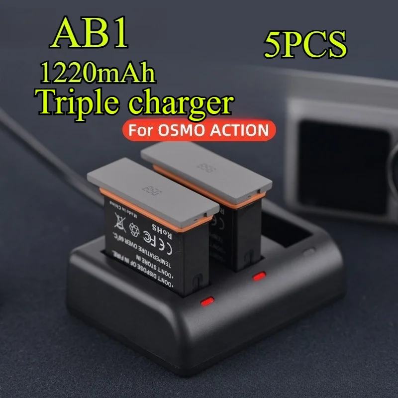 Kit de cargador y batería de capacidad AB1, 5 uds., 1220mAh, para DJI OSMO Action 1, base de carga rápida de doble ranura con indicadores LED