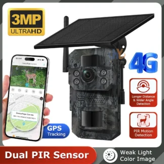 Cámara de caza con energía solar 4G, cámara de vida silvestre HD de 3MP, trampa de cámara de seguimiento GPS, cámara de seguimiento de seguridad remota de visión nocturna