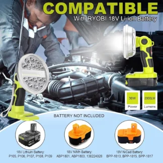 30W 2000LM led luz de trabajo para Ryobi 18V ONE + Li-ion NiCd NiMh batería led luz de taller al aire libre linterna portátil FloodLight 3 modos de iluminación 90 ° cabeza de lámpara giratoria para reparación de coches campamento de emergencia