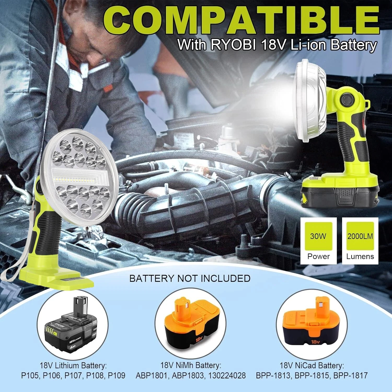 30W 2000LM led luz de trabajo para Ryobi 18V ONE + Li-ion NiCd NiMh batería led luz de taller al aire libre linterna portátil FloodLight 3 modos de iluminación 90 ° cabeza de lámpara giratoria para reparación de coches campamento de emergencia