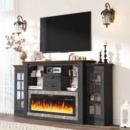 85 Chimenea eléctrica con repisa, soporte para TV con chimenea con 42 chimenea eléctrica para TV de 65 pulgadas con tomas de corriente, entrada de granja