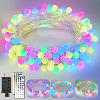 Guirnalda de luces tipo globo que cambian de color de 66 pies con 120 LED, control remoto y 128 modos de iluminación para decoraciones navideñas