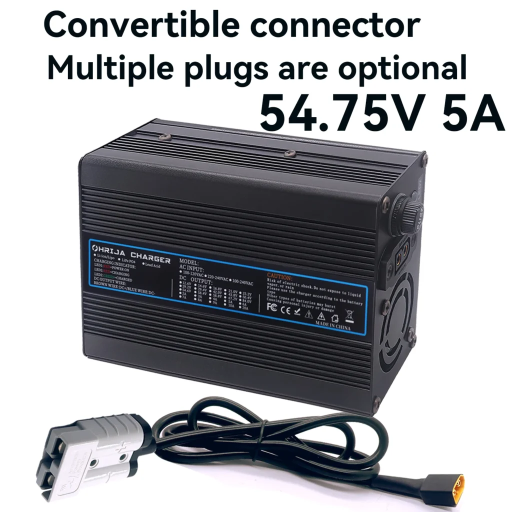 Conector desmontable 54,75 V 5A caja de aluminio Lifepo4 cargador rápido de batería para 48V 15S Lifepo4 cargador de batería ventilador de refrigeración