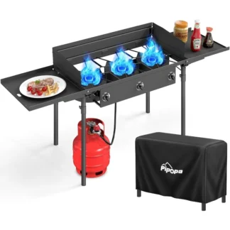 Estufa de campamento de propano de 3 quemadores con quemadores de gas de 225000 BTU para una cocina eficiente al aire libre incluye estantes laterales Parabrisas Waterpro