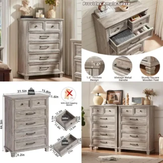 Cómoda de madera estilo granja vintage de 45 cajones altos y 6 cajones con patas cuadradas para dormitorio