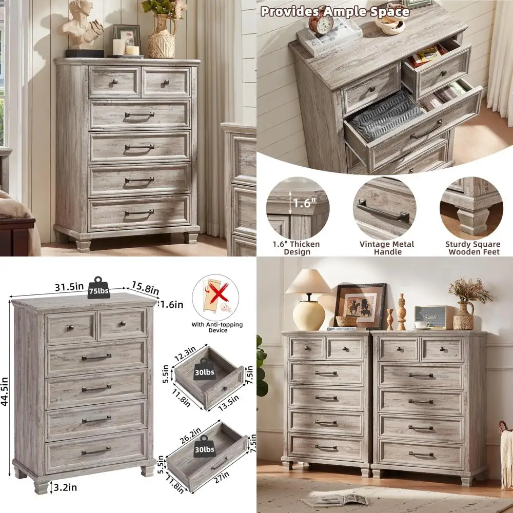 Cómoda de madera estilo granja vintage de 45 cajones altos y 6 cajones con patas cuadradas para dormitorio