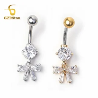 CZs-Piercing para ombligo colgante con lazo de circonita, accesorios de joyería para el cuerpo, barra curva de titanio de 14G, anillo para ombligo