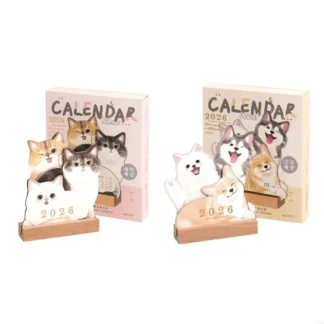 Calendario escritorio con diseño gatito y cachorro, base madera con seguimiento eficiente del