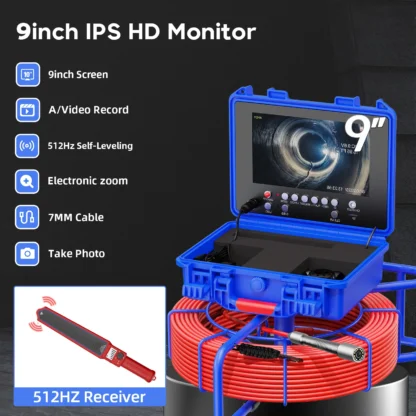  Cámara de alcantarillado IPS 1080P de 9 pulgadas Cámara de inspección de drenaje ultraclara con equilibrio automático de 23 mm con cable de 512 Hz 1080P 4500 mAH 7 mm