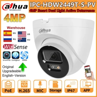Cámara IP Dahua 4MP IPC-HDW2449T-S-PV inteligente doble luz disuasión activa POE conversación bidireccional ranura para tarjeta SD cámara WizSense a todo Color