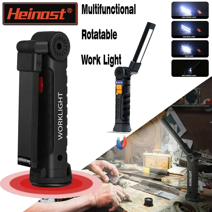 Luz de trabajo giratoria multifuncional, linternas recargables USB con gancho magnético, ideal para inspección de reparación de automóviles y emergencia