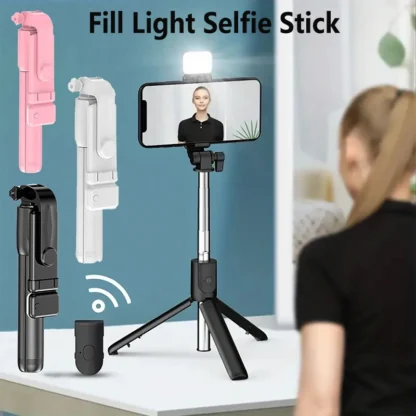 @Palo de Selfie portátil con Bluetooth, soporte para trípode con obturador remoto, luz de relleno, soporte para teléfono retráctil remoto inalámbrico extensible