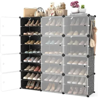 Organizador de zapatero portátil con puerta, gabinete de almacenamiento de zapatos de 48 pares de fácil montaje, organizador de zapatos ajustable de plástico apilable