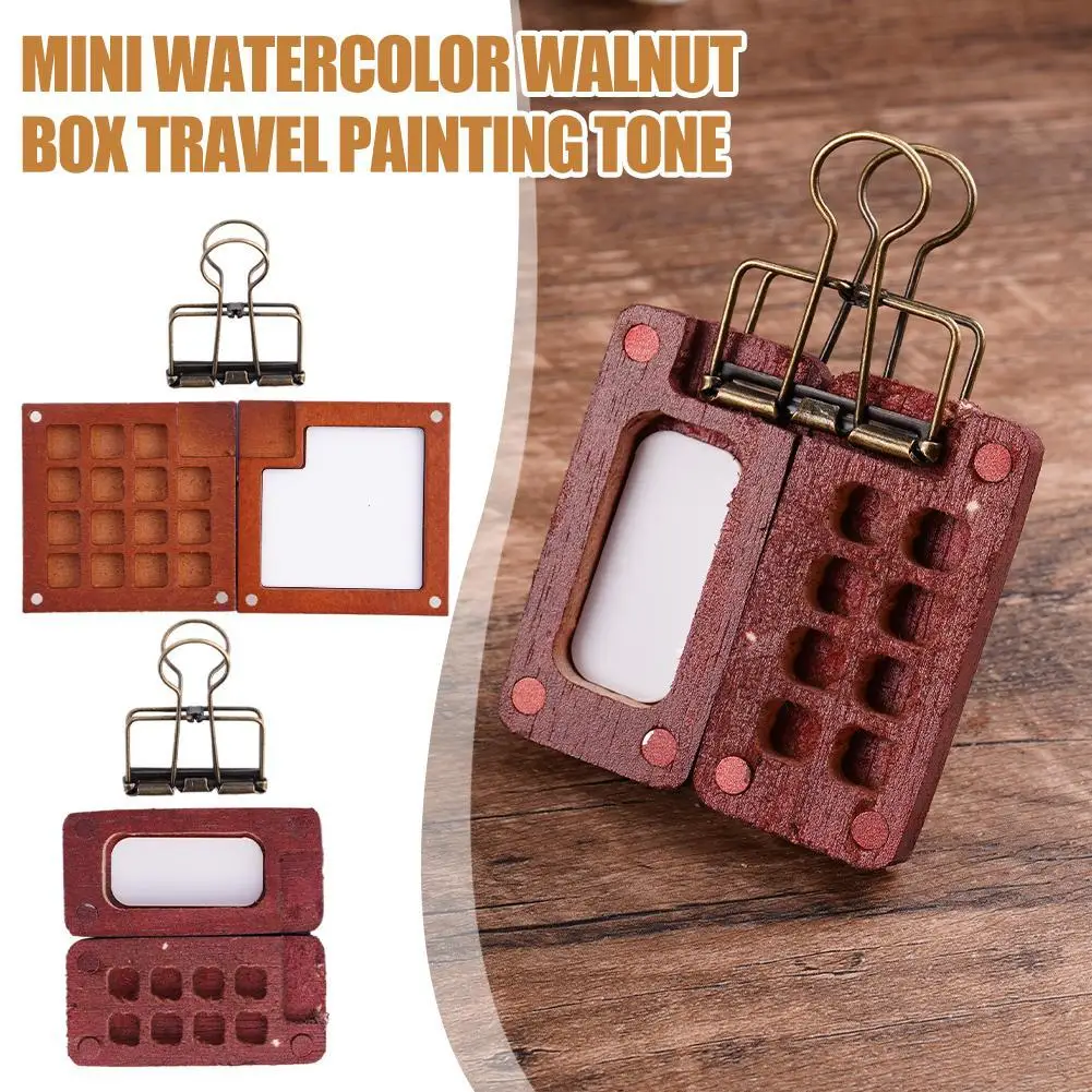 Mini paleta de pintura de acuarela de nogal para viaje, 8 rejillas, bandeja de paleta de pintura de madera vacía profesional, suministros de pintura artística