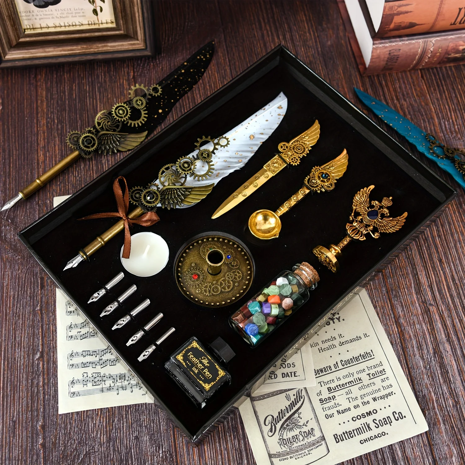 1 Juego de caja de regalo con plumas, juego de bolígrafos y bolígrafos de tinta, juego de bolígrafos de inmersión de plumas, utilizado para pintar, firma y decoración Retro