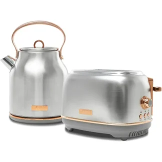 Heritage Tostadora de acero inoxidable con ranura ancha de 4 rebanadas incluida con hervidor de agua eléctrico de acero inoxidable de 1,7 litros, acero y cobre