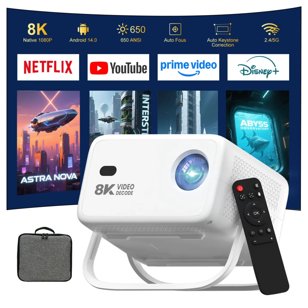 Proyector Velec, Hogar y Exterior, 650 lúmenes ANSI, Full HD 1080P, compatible con decodificación 8K, Android 14, enfoque automático, WiFi 6, Bluetooth