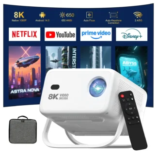 Proyector Velec, Hogar y Exterior, 650 lúmenes ANSI, Full HD 1080P, compatible con decodificación 8K, Android 14, enfoque automático, WiFi 6, Bluetooth
