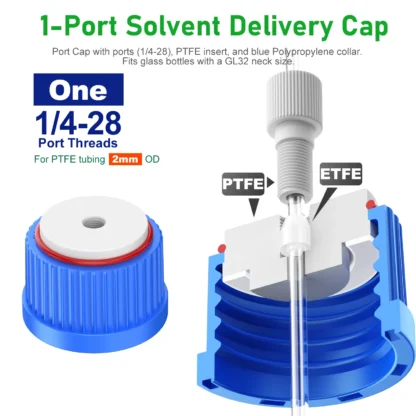 Tapa de seguridad de laboratorio GL32 con orificio de insertos de rosca de 1/4 "-28, adaptador de puerto y accesorio ETFE para tubos de PTFE de 1/8"/20 mm de diámetro exterior, 1 unidad