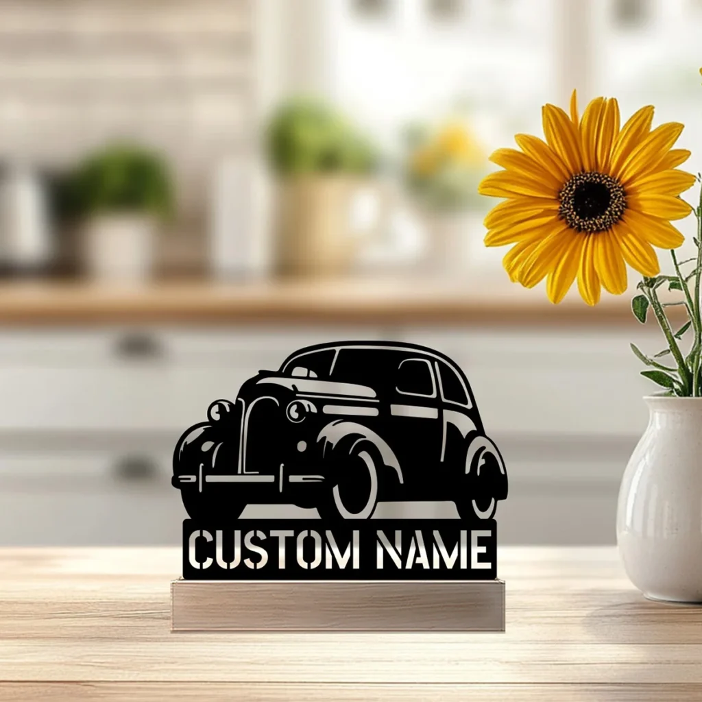 Estatua de Metal con nombre personalizado de sedán Simple, estatua de Metal con Base de madera, adorno de hierro, escultura de estaño, artesanía con Base de madera, 1 ud.