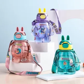 Taza de agua con pajita para niños de dopamina de 650ml, taza para estudiantes de dibujos animados, bonita taza deportiva, agua de plástico con cordón portátil