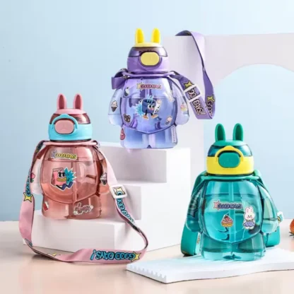 Taza de agua con pajita para niños de dopamina de 650ml, taza para estudiantes de dibujos animados, bonita taza deportiva, agua de plástico con cordón portátil