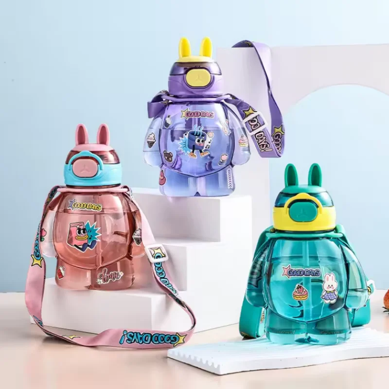 Taza de agua con pajita para niños de dopamina de 650ml, taza para estudiantes de dibujos animados, bonita taza deportiva, agua de plástico con cordón portátil