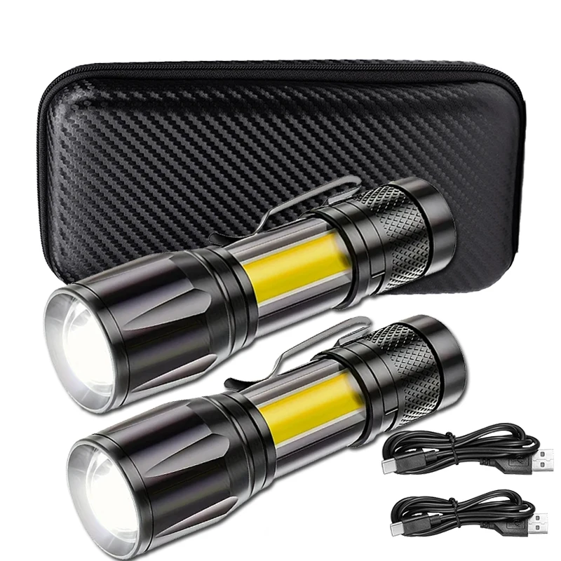 Mini linterna LED COB + XPE, linterna portátil con carga USB, linterna de Camping con luz de enfoque con zoom, linterna táctica con Clip para bolígrafo
