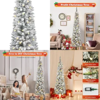 Árbol de Navidad de abeto noble esmerilado blanco nevado preiluminado de 6 pies con luces cálidas y soporte de metal