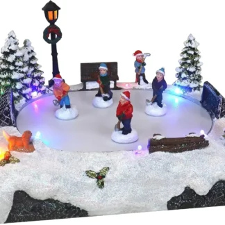 Pizarra de patinaje de Hockey de mesa de pueblo navideño musical animado con nieve preiluminada, centro de mesa perfecto para decoración del hogar en interiores