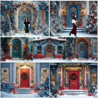 Fondo de fotografía de Navidad de invierno, coronas de puerta, regalos de árbol de Navidad de nieve, luces brillantes, retrato de fiesta para niños, telón de fondo para fotografía