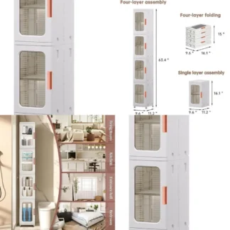 Gabinete de almacenamiento de baño alto y delgado con estantes ajustables, puerta y soporte para papel higiénico (blanco)