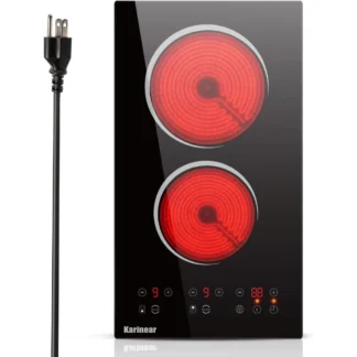 Placa de cocción eléctrica Karinear de 110 V, 2 quemadores, enchufe de 12 pulgadas, encimera y placa de cocción de cerámica incorporada, 2000 W, indicador de calor residual