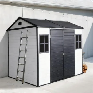 Casas prefabricadas, cobertizo de almacenamiento exterior de resina de 8x6 pies con piso y 2 ventanas, despacho de almacenamiento de cobertizos de plástico exterior