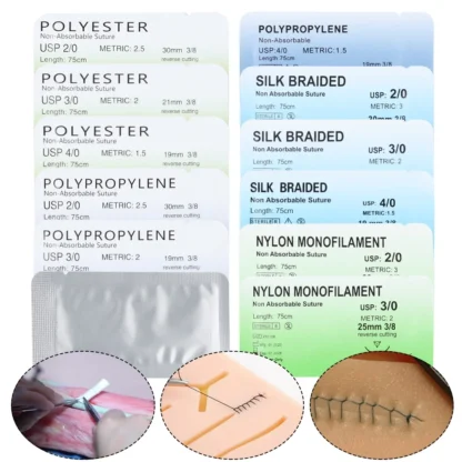 2/0 3/0 4/0 sutura de simulación quirúrgica nailon seda polipropileno poliéster cirujano puntada de aguja para la educación de estudiantes de medicina