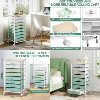 Carro de almacenamiento de 8 cajones con cajones blancos y tapa de madera para organización de aula y oficina en verde