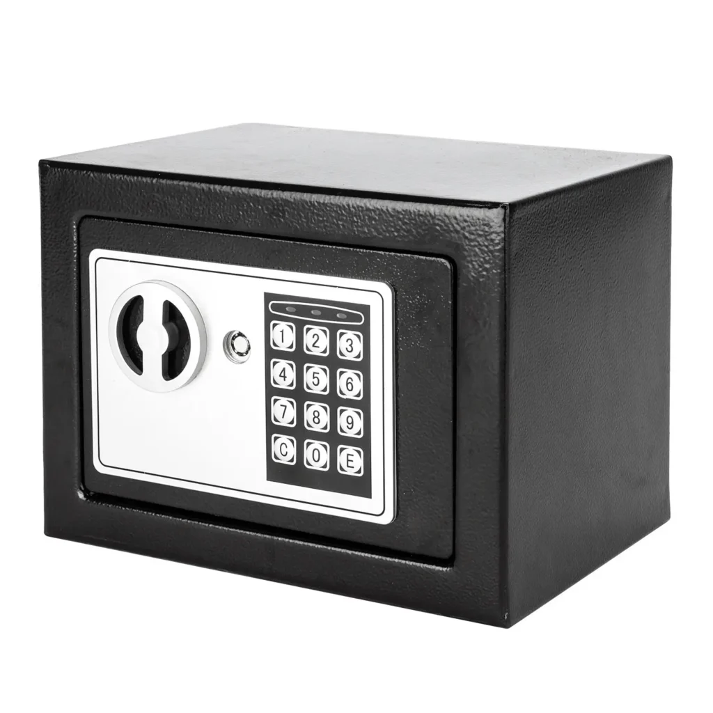 Caja de seguridad con teclado digital 17E, caja fuerte de seguridad para el hogar de 0,22 pies cúbicos con contraseña electrónica y teclas de emergencia, mini caja fuerte de acero para C